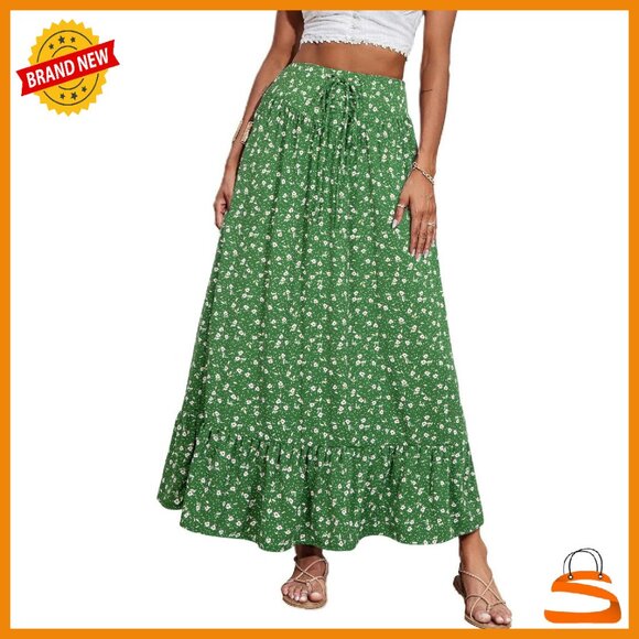 Dresses & Skirts - Floral Print Maxi Skirt High Waist Smocked Drawstring Flowy A-Line